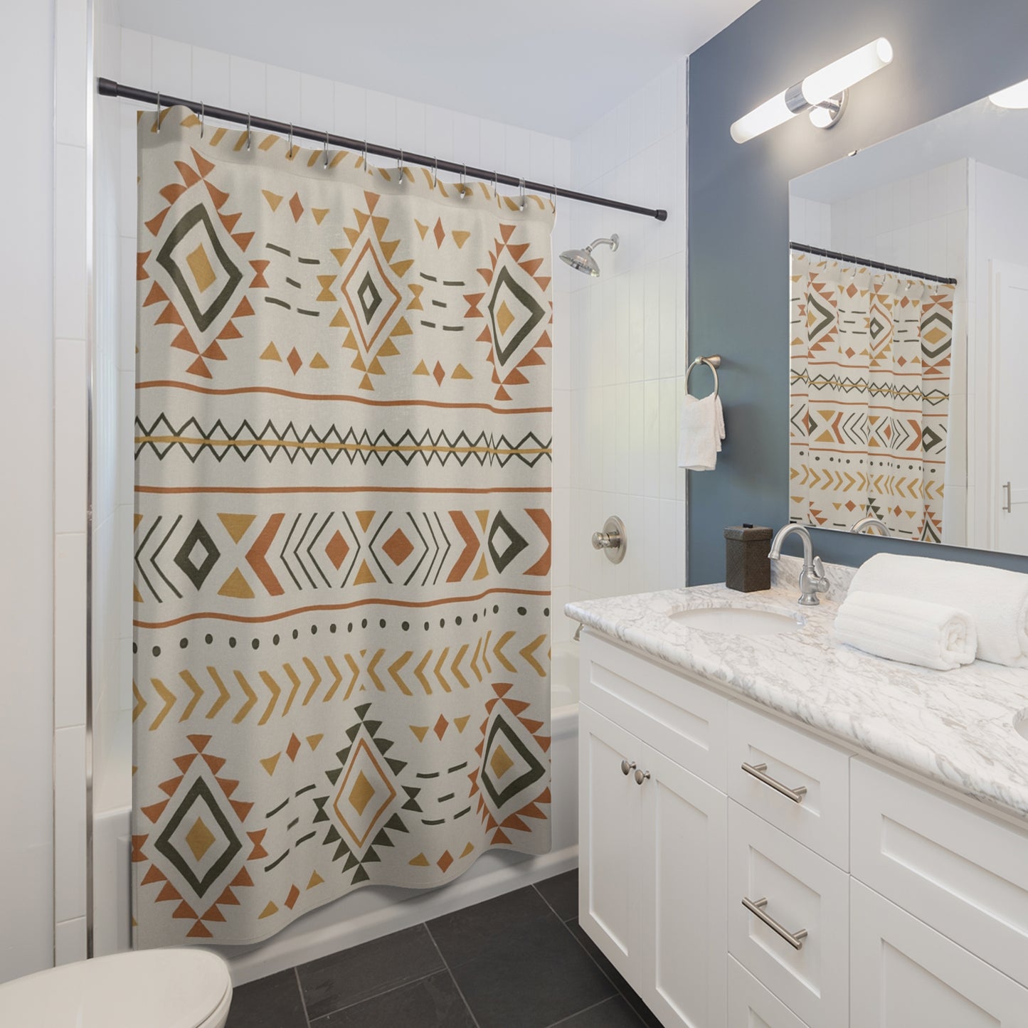 Bohemian Shower Curtain, Geometric Bathroom Decor, Ethnic Pattern, Modern Home